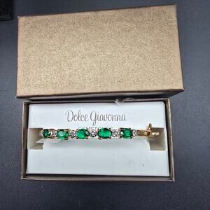 Dolce Giovanna Green Glass Rhinestone Bracelet Gold Tone Hinged Bangle